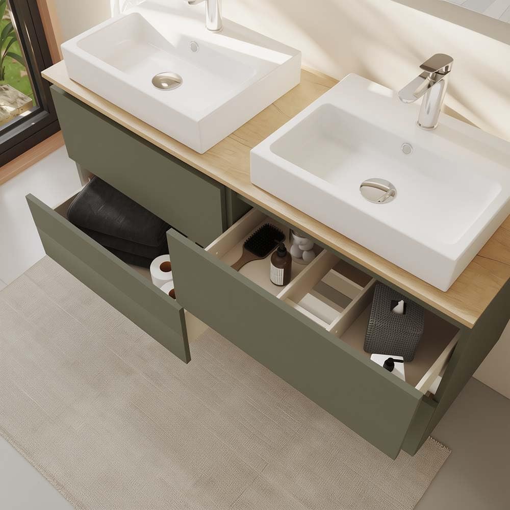 Baikal Mueble de Baño Nilo. Mueble MONTADO. 120cm Musgo 4 Cajones Suspendido con Doble Lavabo sobre Encimera de 46cm