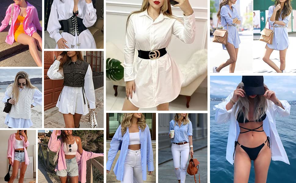 Image of HOTOUCH Women Boyfriend Shirts Button Down Long Sleeve Blouse Cuffed Sleeve Collared Shirt