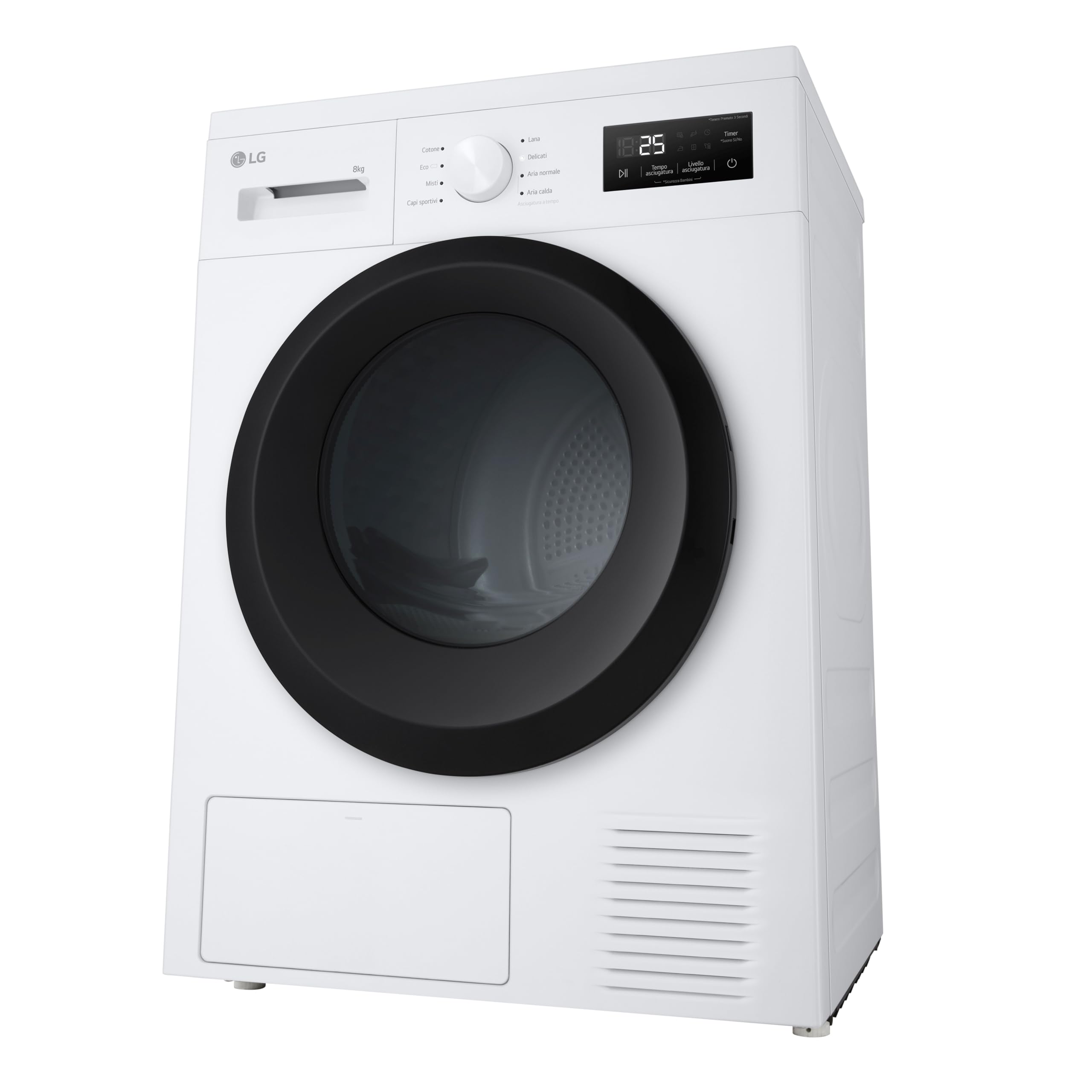 LG RNA1008NWK Asciugatrice Pompa di Calore 8 kg, Classe D, Asciugatura Delicata a Bassa Temperatura con Sensore, Serie A1, 8 Programmi, Cestello in Acciaio Galvanizzato, Bianco