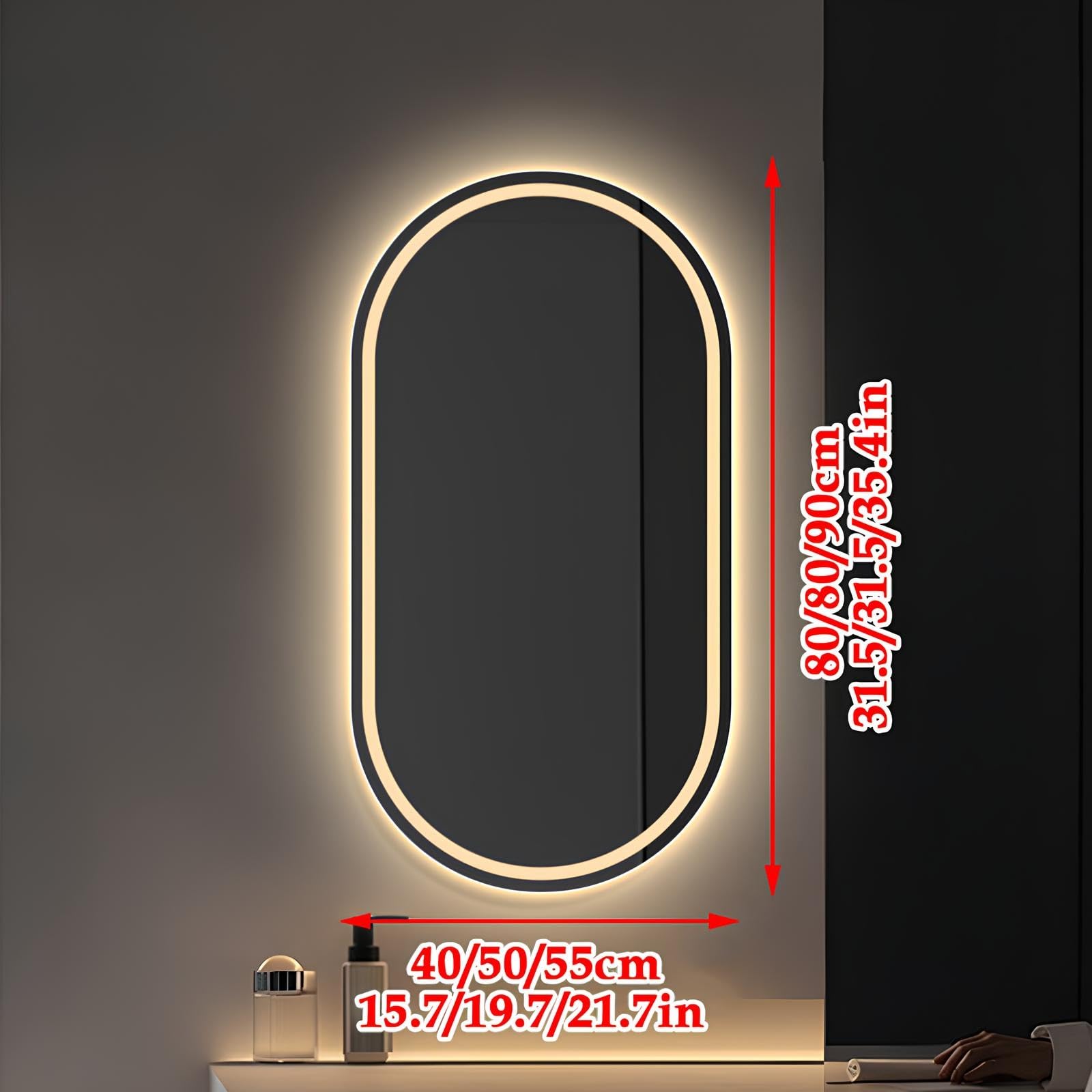 Espejo de Maquillaje Ovalado retroiluminado con Luces LED, antivaho, Control táctil y Regulable en 3 Colores (55 x 90 cm / 21,7 x 35,4 Pulgadas).