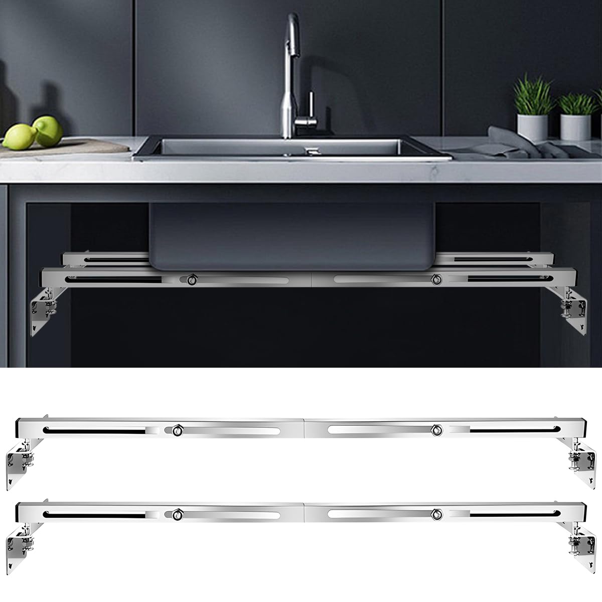 Lot de 2 Supports D'évier Sous Plan, Kit d'installation en Acier Inoxydable Réglable, Kit d'installation Pour Eviers de Cuisine Sous-Montage Lourd (71-100 cm)