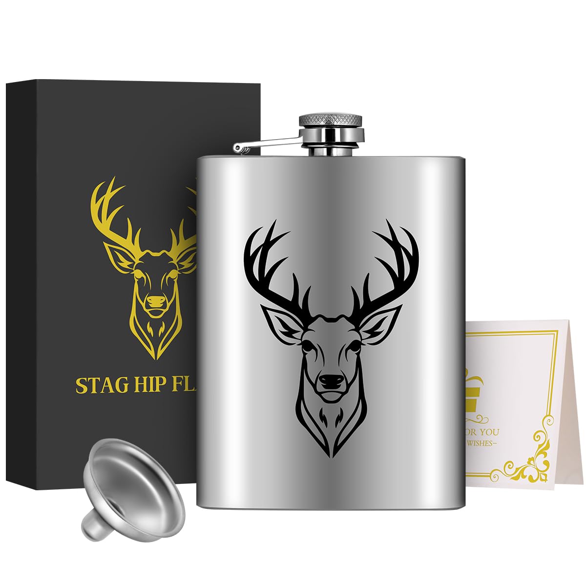 1pcs 8Oz Stainless Steel Hip Flask, Pocket Flask, with Funnel and Greeting Card Gift Box, Black Deer head Pattern Personalised Flask Alcohol, Perfect for Camping, Hiking, and Outdoor Activities,Silver