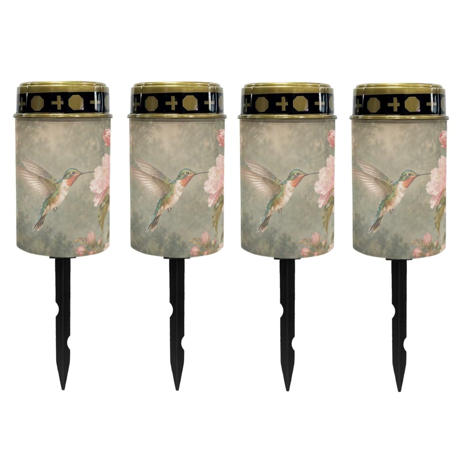 Poceacles Solar Lights Outdoor Solar Powered Cemetery Stake Lights Grave Lamp Landscape Lighting Waterproof Grave Flameless Candles, Vintage Floral Hummingbird Green, 4 Piece