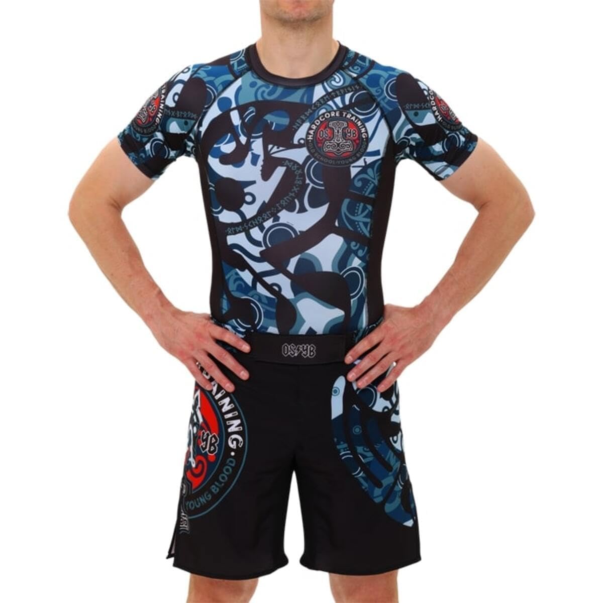 Hardcore Training Rash Guard Mężczyźni Kompresja Koszulka Długi Rękaw BJJ MMA No-Gi Obcisła Grappling Boks (DE/NL/SE/PL, Alfa, L, Regularny, Regularny, Black Light Blue)