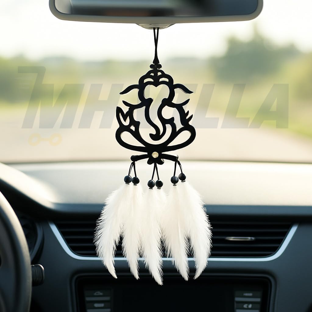 M H Villa Ganesha Dream Catcher Car Decoration Items Interior Spiritual Charm Car Hanging Accessories Interior Protection Ornament for Positive Vibes Car Mirror Hanging Gift - White