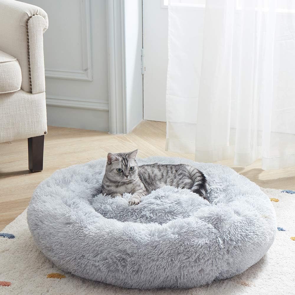SunStyle Home Soft Plush Round Pet Bed for Cats or Small Dogs, XL(30"x30"), Gray, Polyester
