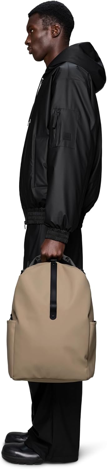 RAINS Clip Front Backpack Beige - Waterproof Commuter Backpack with C-Clip Closure & Hidden Pocket, 16″ Laptop Sleeve, Urban Travel Daypack