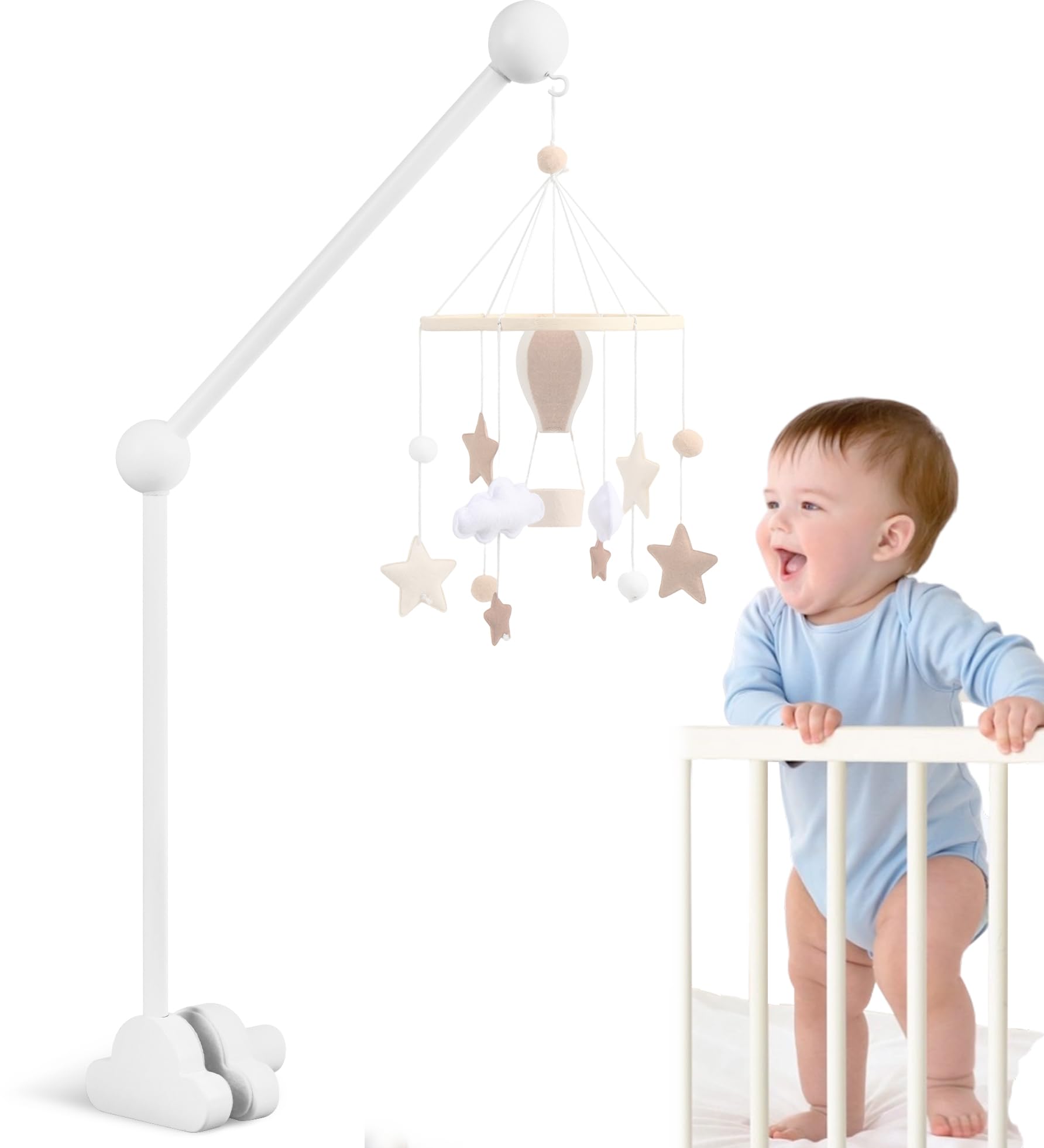 OAKENCREST Mobile Halterung Holz für Babybett, Mobile Ständer für Kinderzimmer-Dekoration, 360°Drehbar Baby Mobile Aufhänger Weiß Wolken Design, für Aufhängung Baby Bett Spielzeuge Spieluhr Bettglocke
