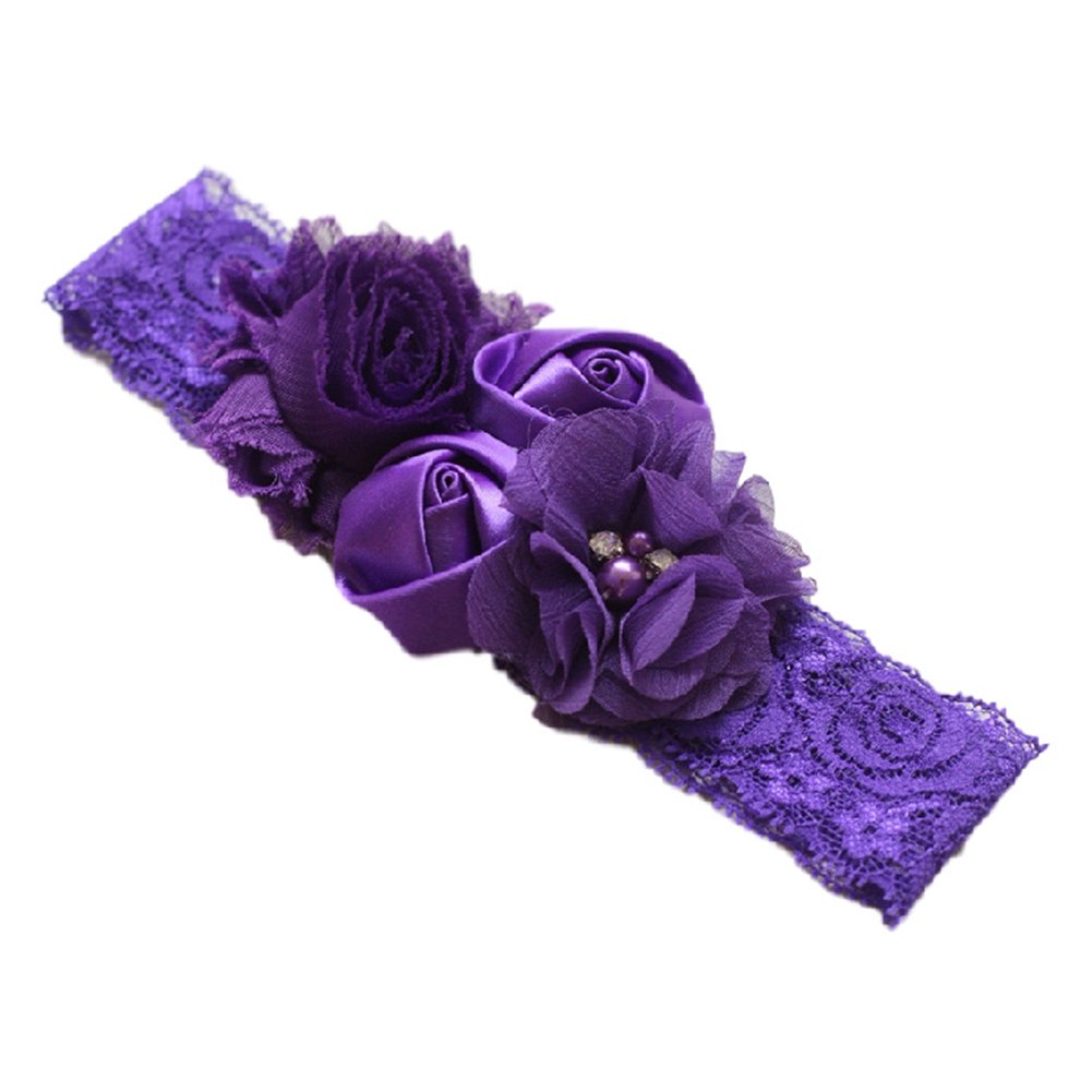 ZHOUBA Beautiful Lace Flower Rose Bead Hairband Newborn Baby Headband Hair Accessory (Dark Purple)