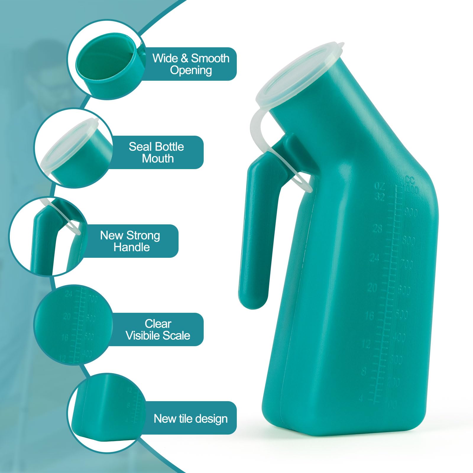 Orina de orina masculina firme con 2 ganchos, 32 onzas/1000 ml (paquete de 2) (verde)