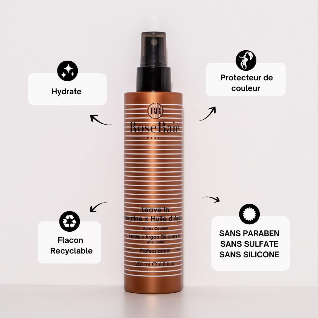ROSEBAIE | Routine Solaire Argan & Kératine | Cheveux Colorés | Élimine Sable Chlore Sel | Protecteur Solaire | Shampoing 500ml | Masque 500ml | Spray Leave-In Sans Rinçage 200ml