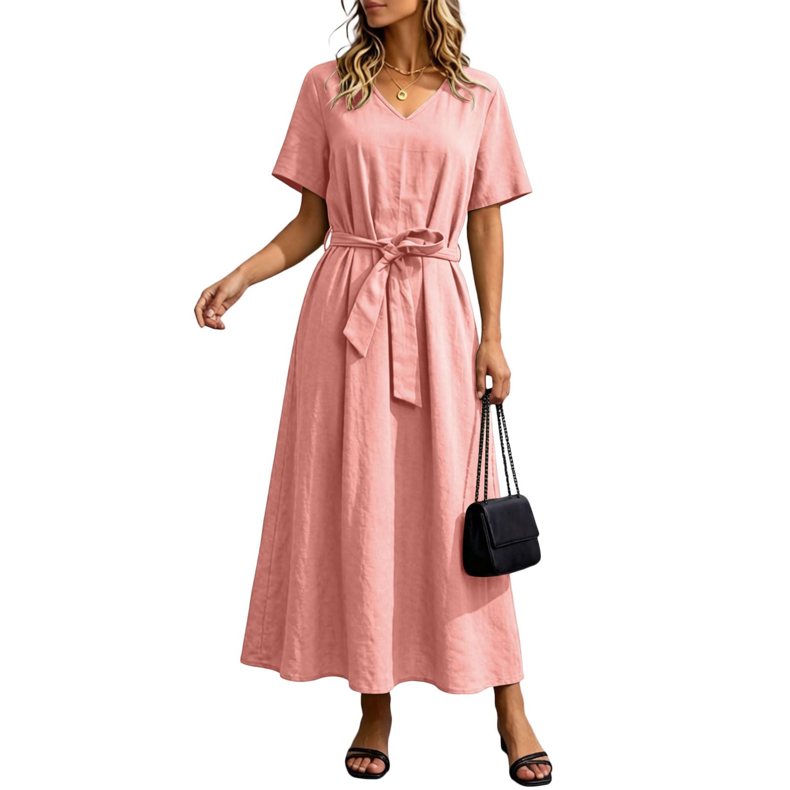 Vestito da Spiaggia Abito da Donna in Lino con Scollo a V, Casual Estivo, a Maniche Corte, Midi, con Cintura, Abito svolazzante per Le Vacanze. Copricostume Cotone