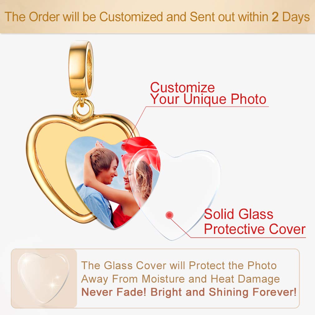 Custom4U Charme Or avec Photo Personnalisé Charm Coeur Argent 925 pour Bracelet Bijoux Personnalisable Cadeau Anniversaire pour Femme Maman