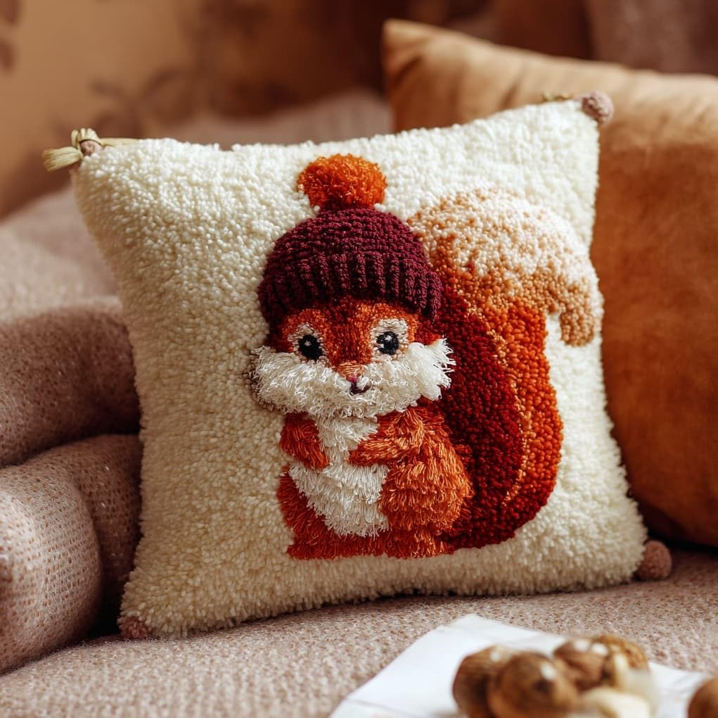 Wallustrioaw Squirrel Wearing A Hat Latch Hook Pillowcase Kits 17X17in,