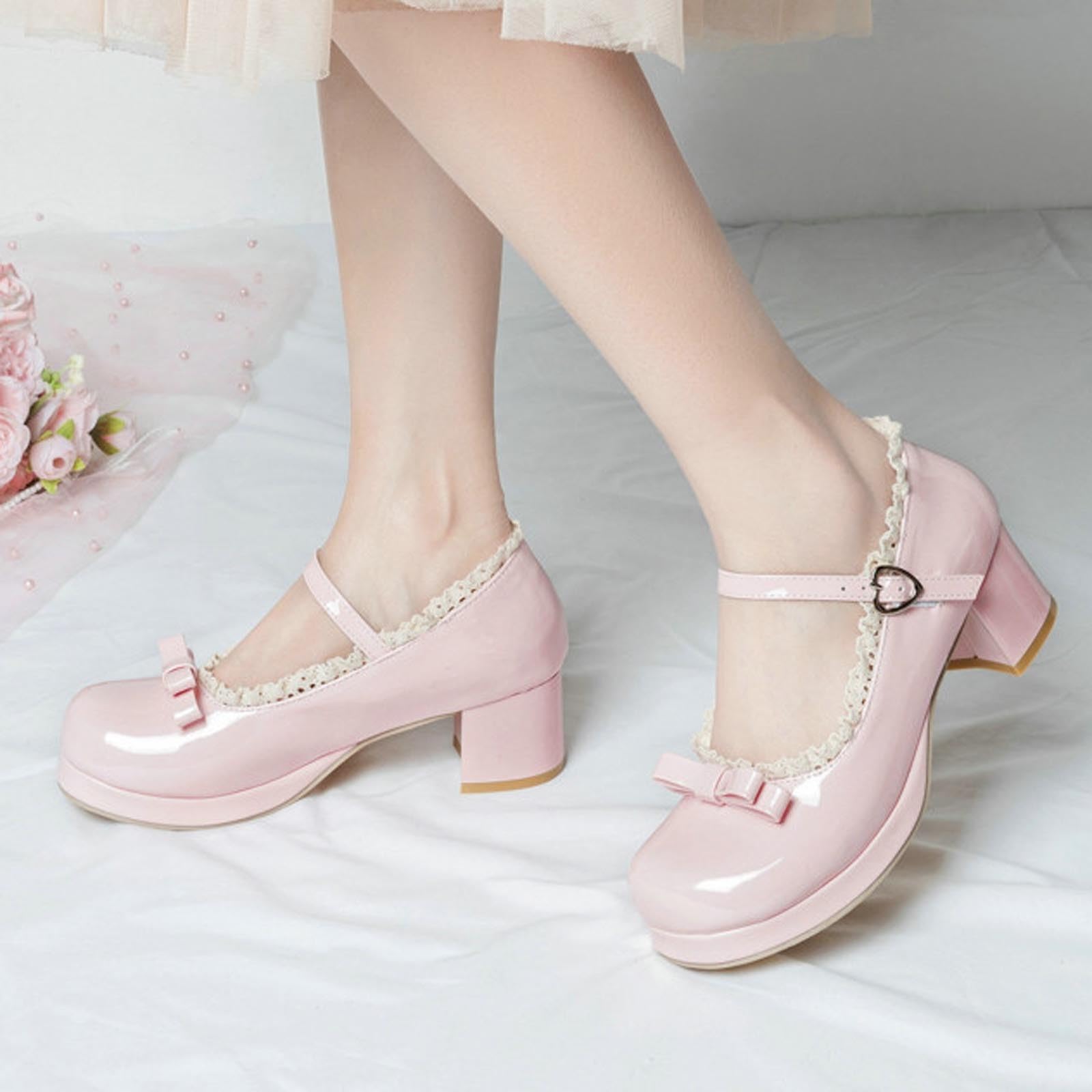 Scarpe Dirndl da donna Mary Jane con plateau, tacco a blocco, carine, per cosplay, con fiocco e pizzo, con cinturino alla caviglia, scarpe con tacco chiuso, scarpe da ballo per feste dolci