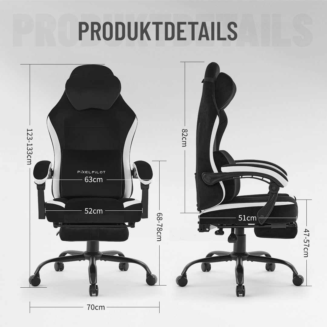 PixelPilot Silla de gaming con reposapiés, silla ergonómica para gaming, de tela transpirable, asiento ancho, soporte lumbar, soporta hasta 150 kg, color negro