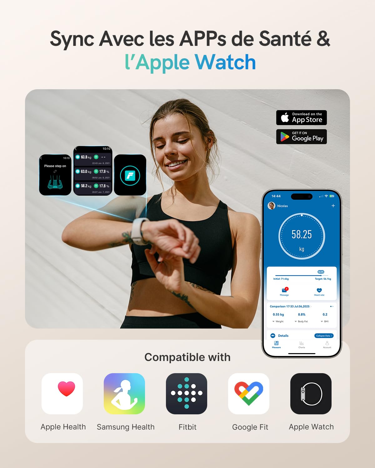 Balance Pèse-Personne, Balance Connectée Impédancemètre 9-en-1 Grand VA Écran, 22 Indicateurs, Fréquence Cardiaque, IMC, Graisse Corporelle Pour iOS & Android, Max. 180kg/ 400lb
