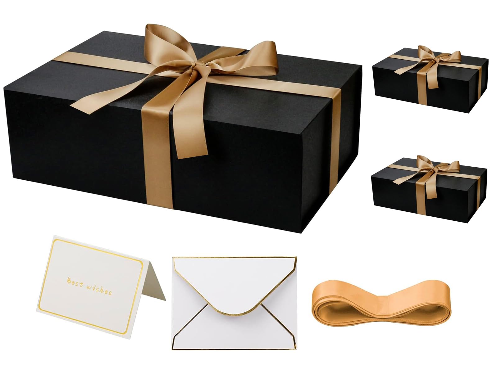 YINUOYOUJIA 3 Pack Large Black Gift Boxes with Lid,14"x9"x4.5" Magnetic Gift Box with Ribbon,Cards and Envelopes for Presents,Great for Wedding,Birthdays,Crafting,Gift Packaging