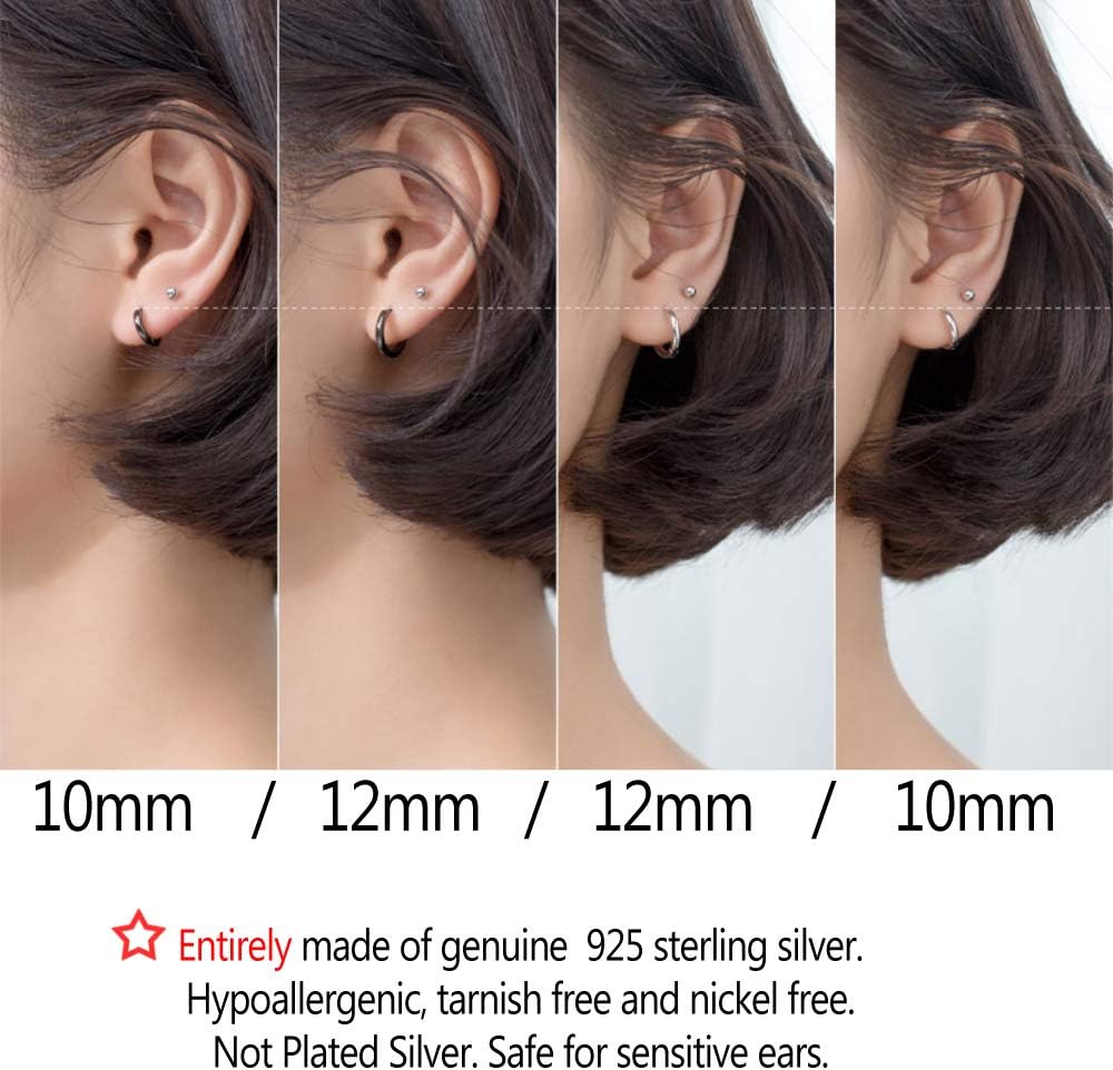 2 Pairs 925 Sterling Silver Small Huggie Hoop Earrings Hypoallergenic Cartilage Earrings Hoop for Women Men Girls Sleeper Helix Earrings 14k Gold/Black/Silver - Image 4