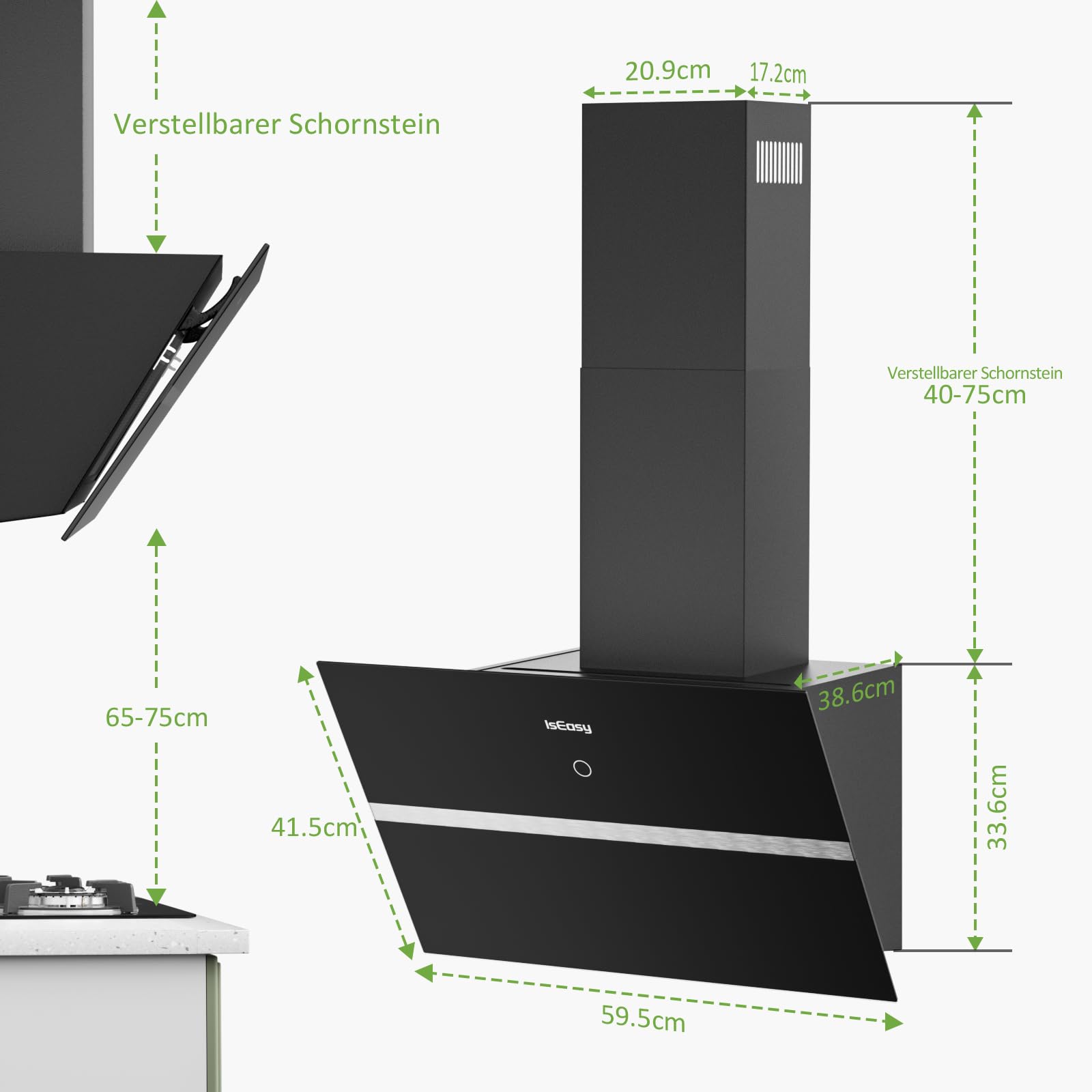 Okap 60 cm, IsEasy Okap kuchenny ścienny 60 cm, tryb obiegu i wywiewu powietrza, wydajność ssąca 578 m³/h, 4 stopnie prędkości, opóźnienie wyłączenia 1–9 min, funkcja pamięci, 58 dB, czarny, A++