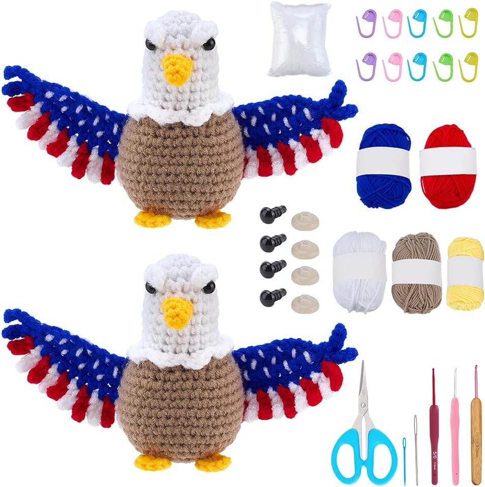 ORIGACH 4th of July Patriotic Eagle Crochet Kit for Beginner Adults, 2 Set Starter US Eagle Crochet Kit with Instruction, Yarn, Hook, Accessories