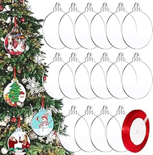 Christmas Acrylic Baubles Blanks, 18 Pcs 3 Inch Clear Round Acrylic Hanging Christmas Tree Decoration Ornament Bauble DIY Blank with Red Ribbon