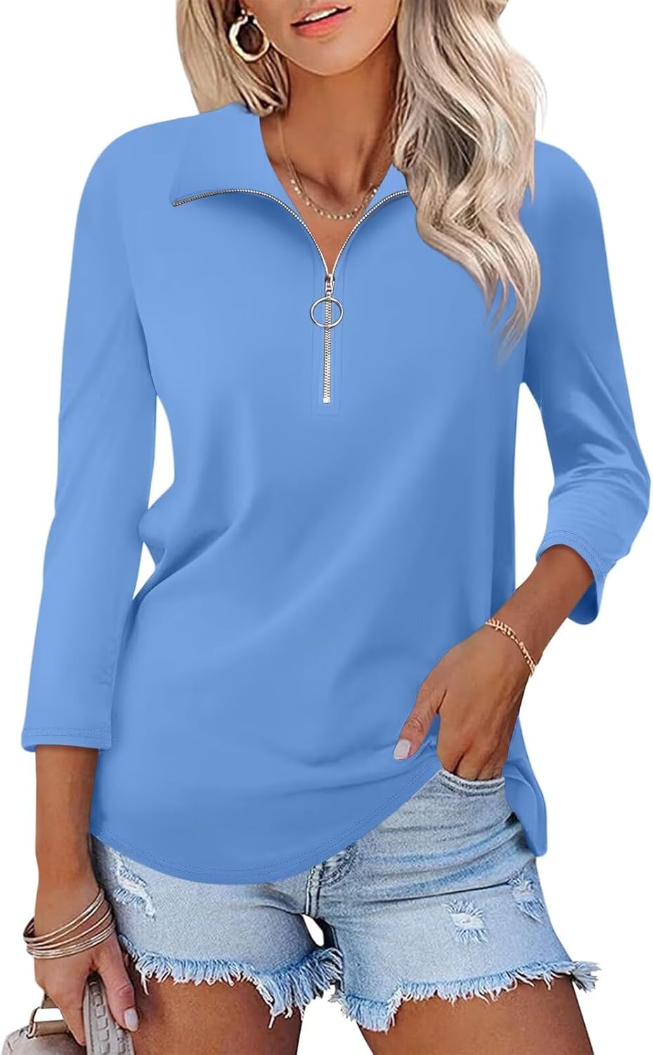 TICTICMISS Women's 3/4 Length Sleeve Tops Collared V Neck T Shirts Polo Zipper Summer Shirts