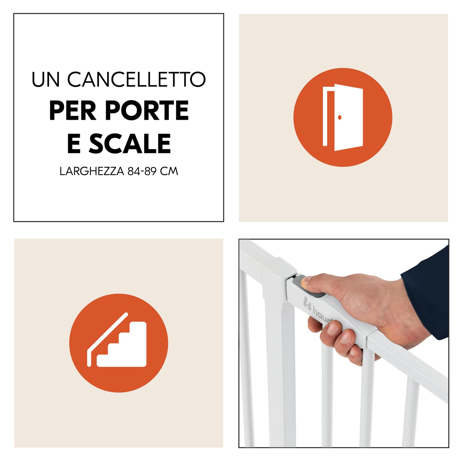 hauck Cancelletto di Sicurezza per Bambini Open N Stop 2, Incl. Estensione 9cm - Cancelletto per Bambini per Aperture da 84-89cm, Apertura Una Mano, Chiusura Manuale, Senza Forare - Metallo, Bianco