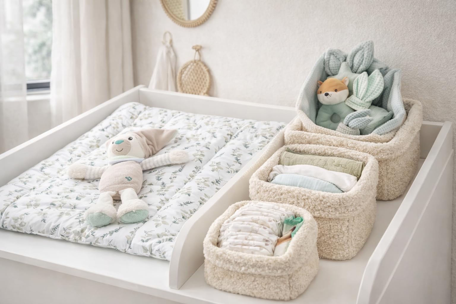 Aufbewahrungskorb Wickeltisch Baby, Körbchen Set 3 Stück, Organizer Wickelkommode, Utensilo Aufbewahrungsbox Badezimmer (BOUCLE_CREME)