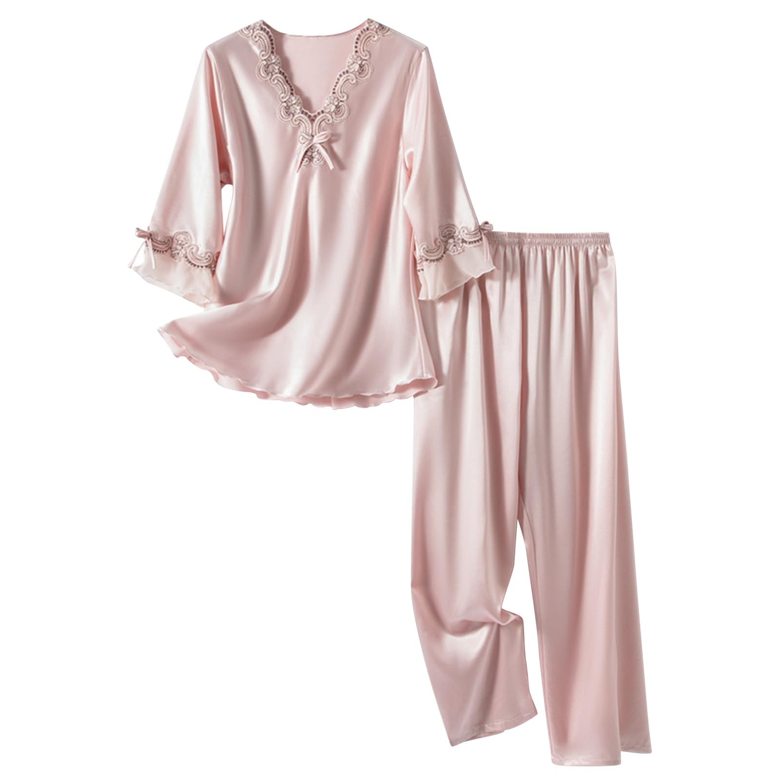 Satin Pajama Set for Women 3/4 Sleeve 2 Piece Pj V Neck Ruffle Lace Sleepwear Elastic Waist Pants Nightwear Pjs