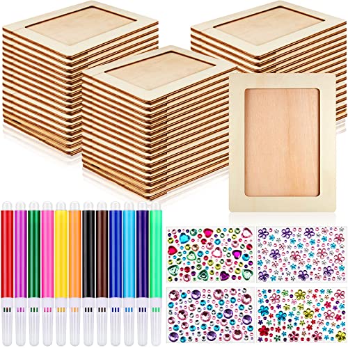 8 Pieces Unfinished Wooden Picture Frame Craft Kit - 7.9” x 5.9” DIY Painting Set Includes 12 Color Pens, 4 Sheets of Crystal Diamond Stickers for Photo Frame Decoration and Custom Art Projects