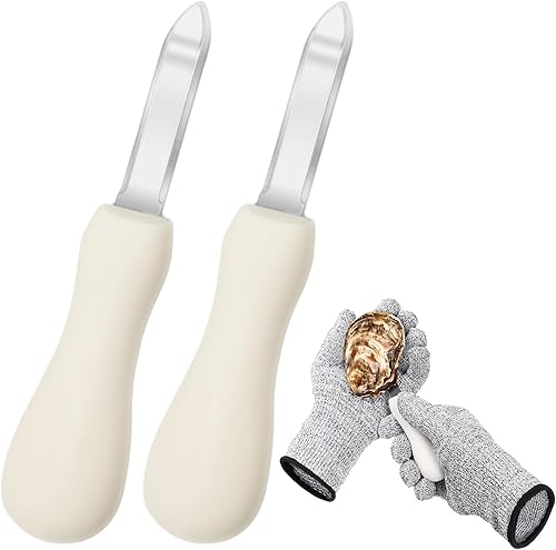 Nonley Juego de 2 cuchillos de ostras, juego de 2 cuchillos de ostras con guantes resistentes a cortes de grado profesional  Cuchillo de almeja