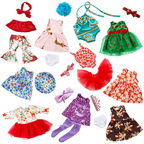 ZITA ELEMENT 22 Pcs Girl Doll Clothes Dress for American 18 Inch Doll Clothes and Accessories - Including 10 Complete Set of Clothing Outfits with Hair Bands, Hair Clips, Crown, Cap and Straw Hat