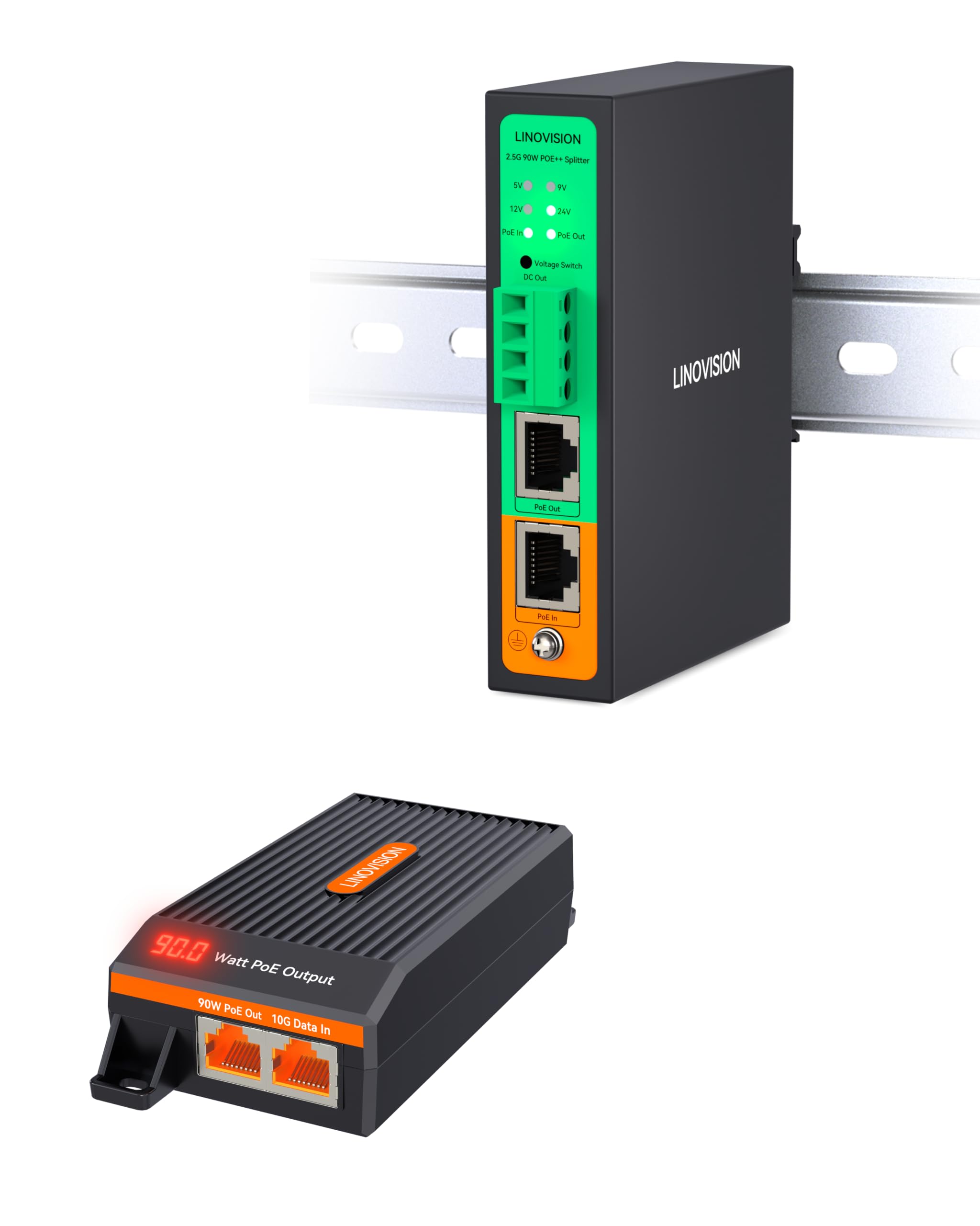 LINOVISION Injecteur PoE++ 10G BT90W et Séparateur PoE++ Gigabit Industriel | Injecteur PoE++ 10G BT90W avec Affichage de la Puissance PoE en Temps Réel