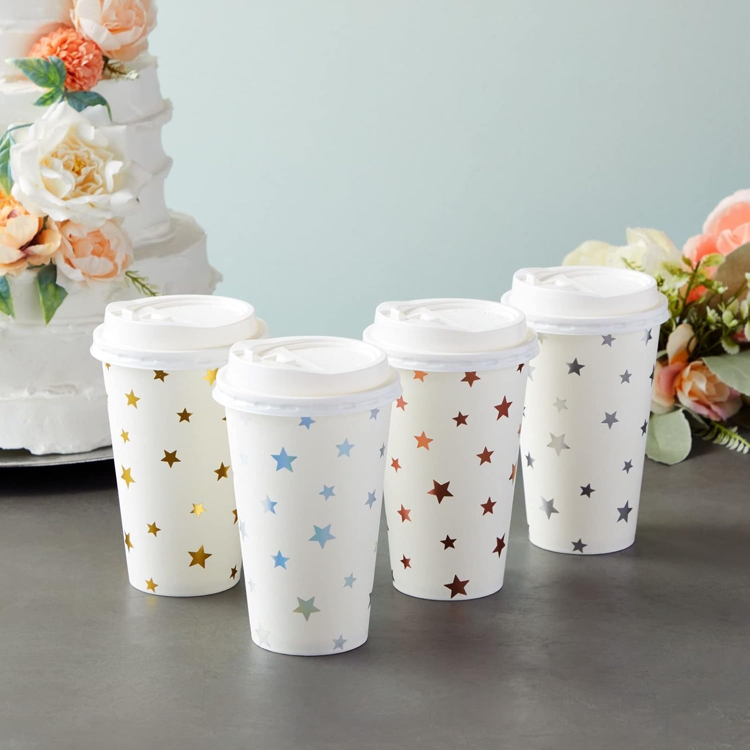 BLUE PANDA Disposable Coffee Cups with Lids - 16 Oz, 48-Pack, White Foil Stars - Paper Cups for Hot Drinks & Coffee to Go - Image 2