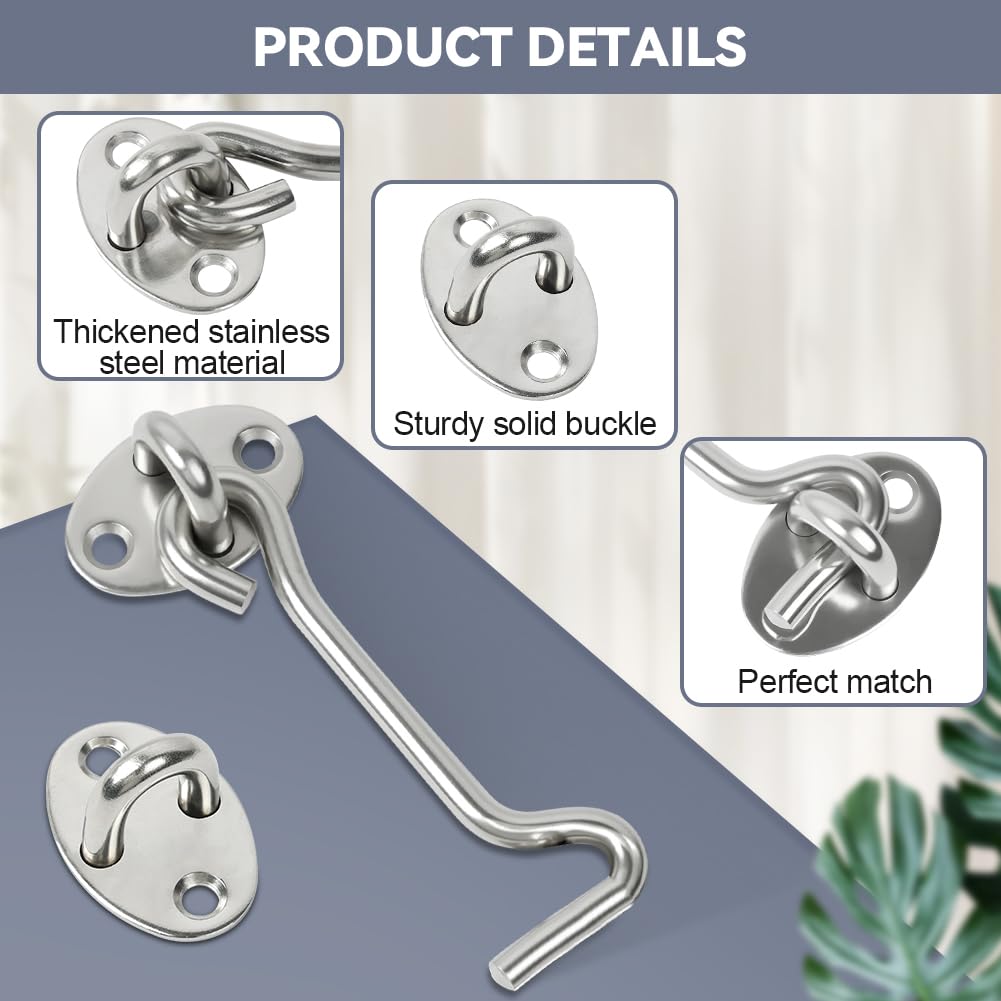Flintronic Hook and Eye Latch, 2Pcs 8 Inch Stainless Steel Cabin Hook, Heavy Duty Gate Hook Lock - Image 3