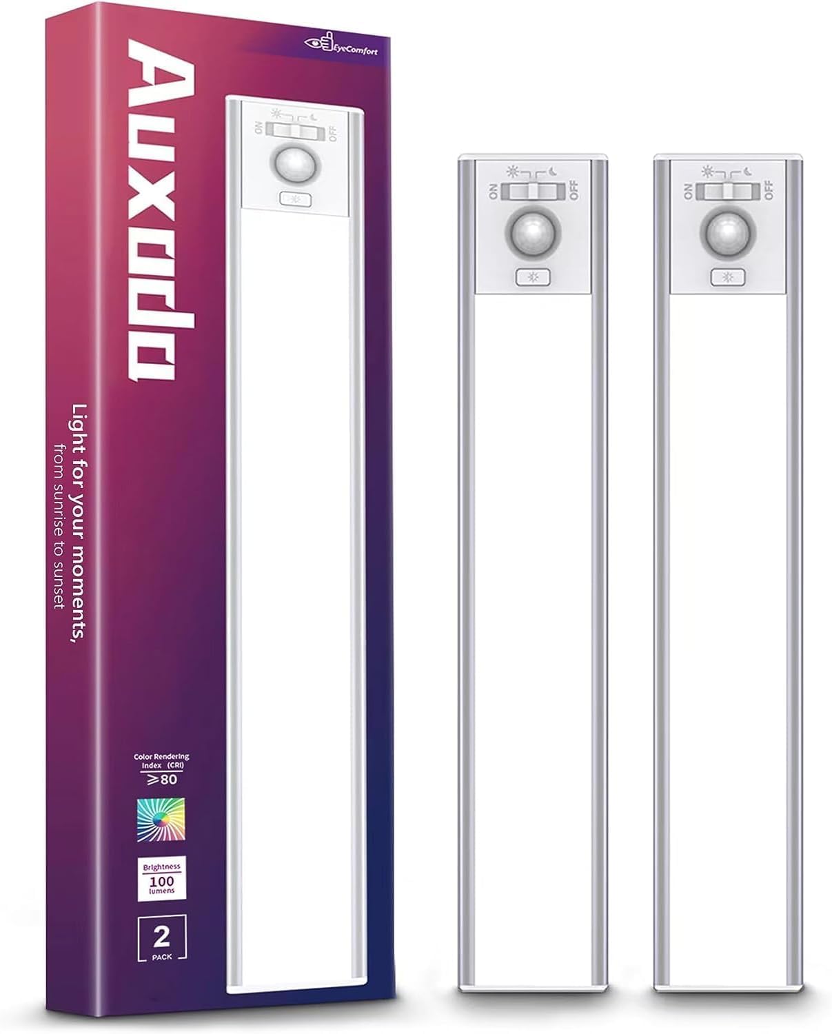 AuxodaUnder Cabinet Lights, LED Lights Motion Sensor Light Indoor, Under Cabinet Lighting, 2 Pack 8 Inch 7000K 31 LED Wireless USB Rechargeable Under Counter Lights, Lights for Bedroom, Closet Lights