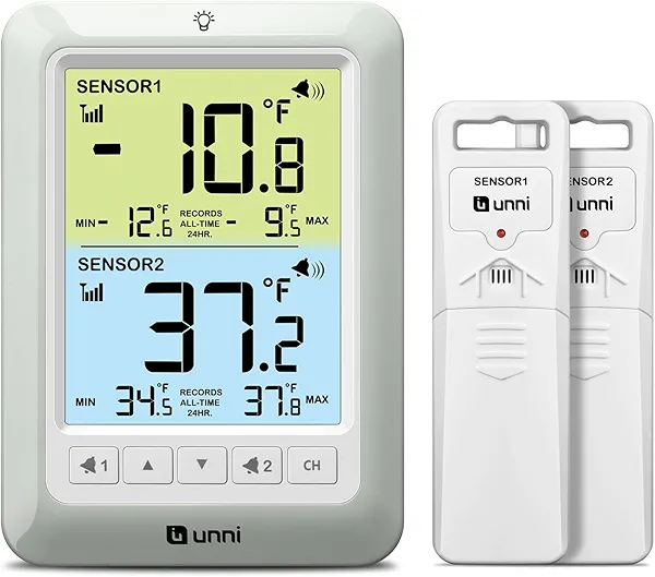 U UNNI Refrigerator Thermometer with Alarm, Digital Wireless Fridge and Freezer Thermometer, Max Min Temperature Records with Magnetic & Stand Options for Home Restaurant