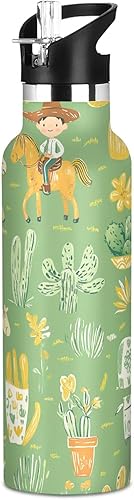 Green Cow Boy Horse - Botella de agua aislada al vacío de doble pared sin BPA a prueba de fugas, con tapa con pajilla, para la escuela y deportes al