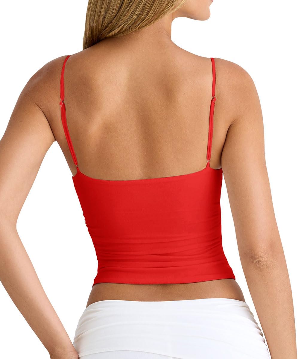 LCNBA Women's Sexy Deep V-Neck Ruched Sleeveless Crop Tank Top Spaghetti Straps Slim Fitted Summer Tops - Image 3