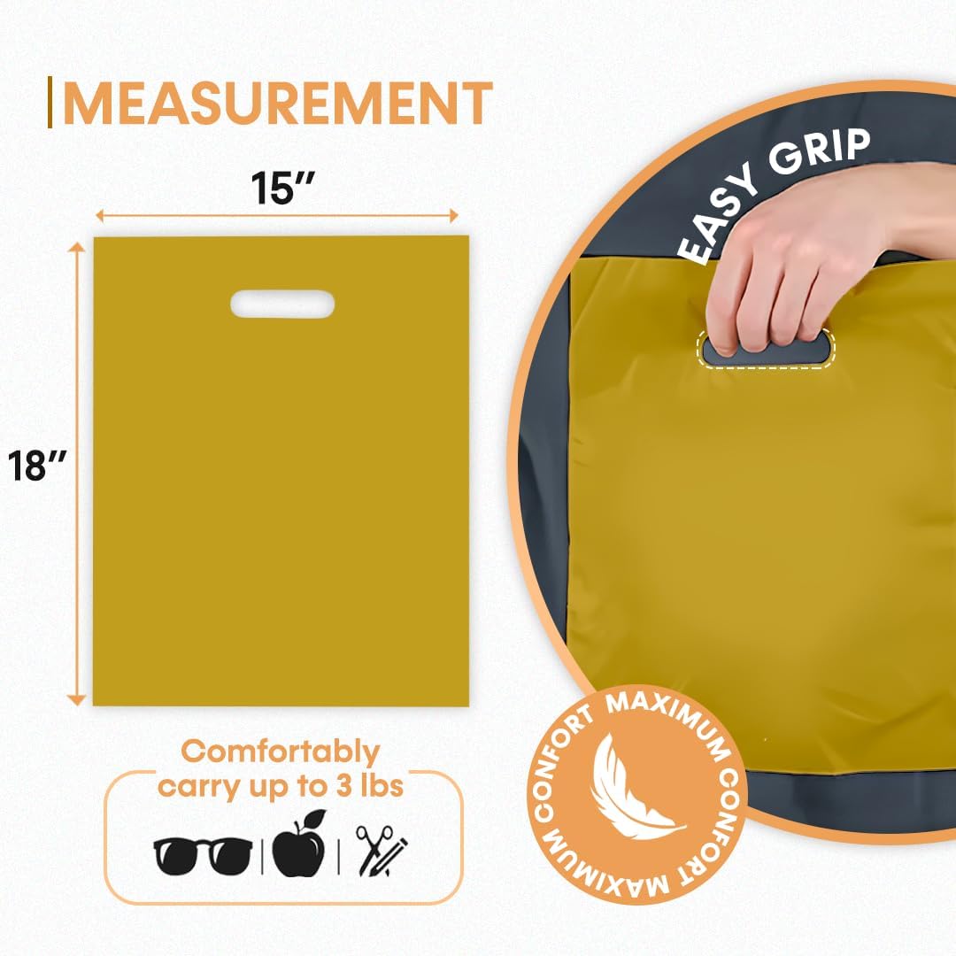 Merchandise Bags, Die Cut Handles, Strong, Durable, and Tear Resistant Bags Perfect for Retail, Boutiques, or Any Events, Different sizes and colors (Green/Gold, 15x18 Inch (Pack of 100)) image 2