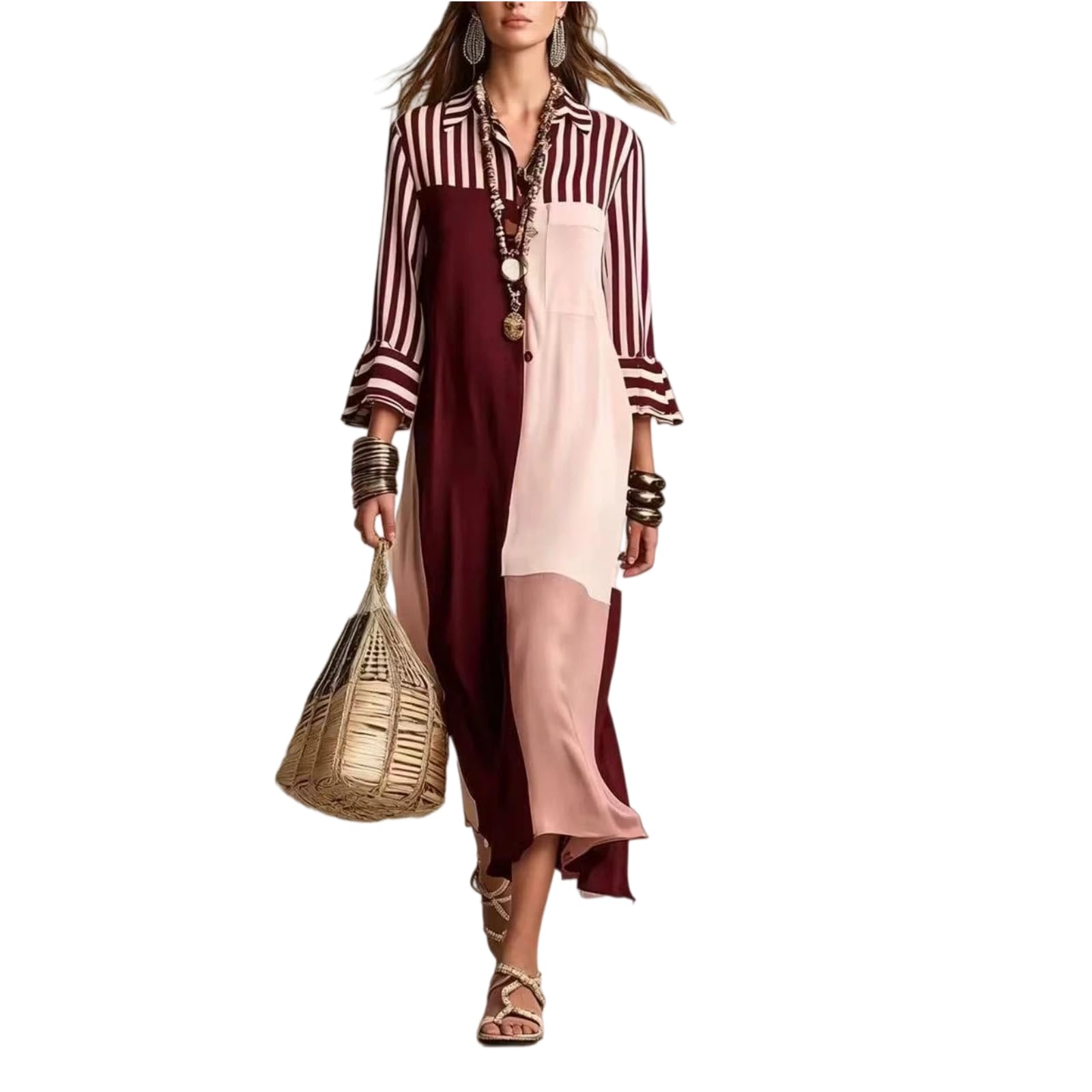 Vestido Camisa con Abertura, Bohemio Manga Larga