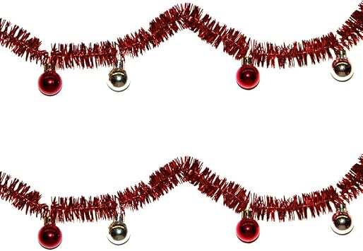 Brite Star 9 Ft Mini Tinsel Garland, Red with Red/Silver Ball Set of 2
