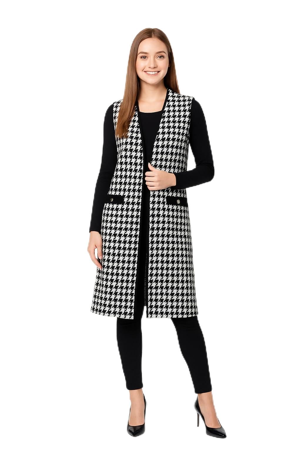 Women's Black & White Long Open Front Shrug