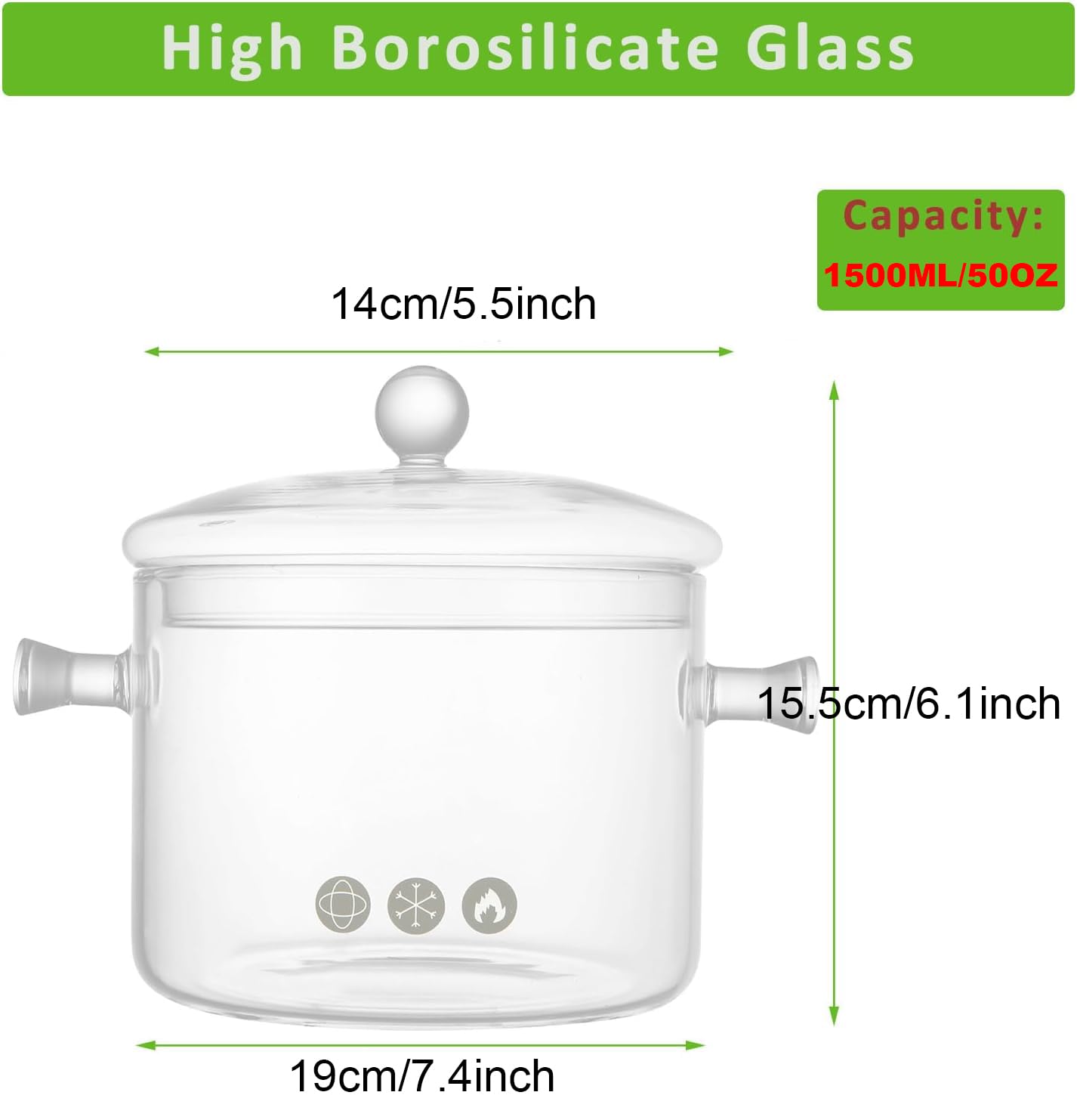 Riavzau Glass Cooking Pot, 1.5L/50oz Heat-Resistant Borosilicate Glass Saucepan with Cover, Cookware Set Stovetop Pot for Soup, Pasta,& Baby Food (50OZ)