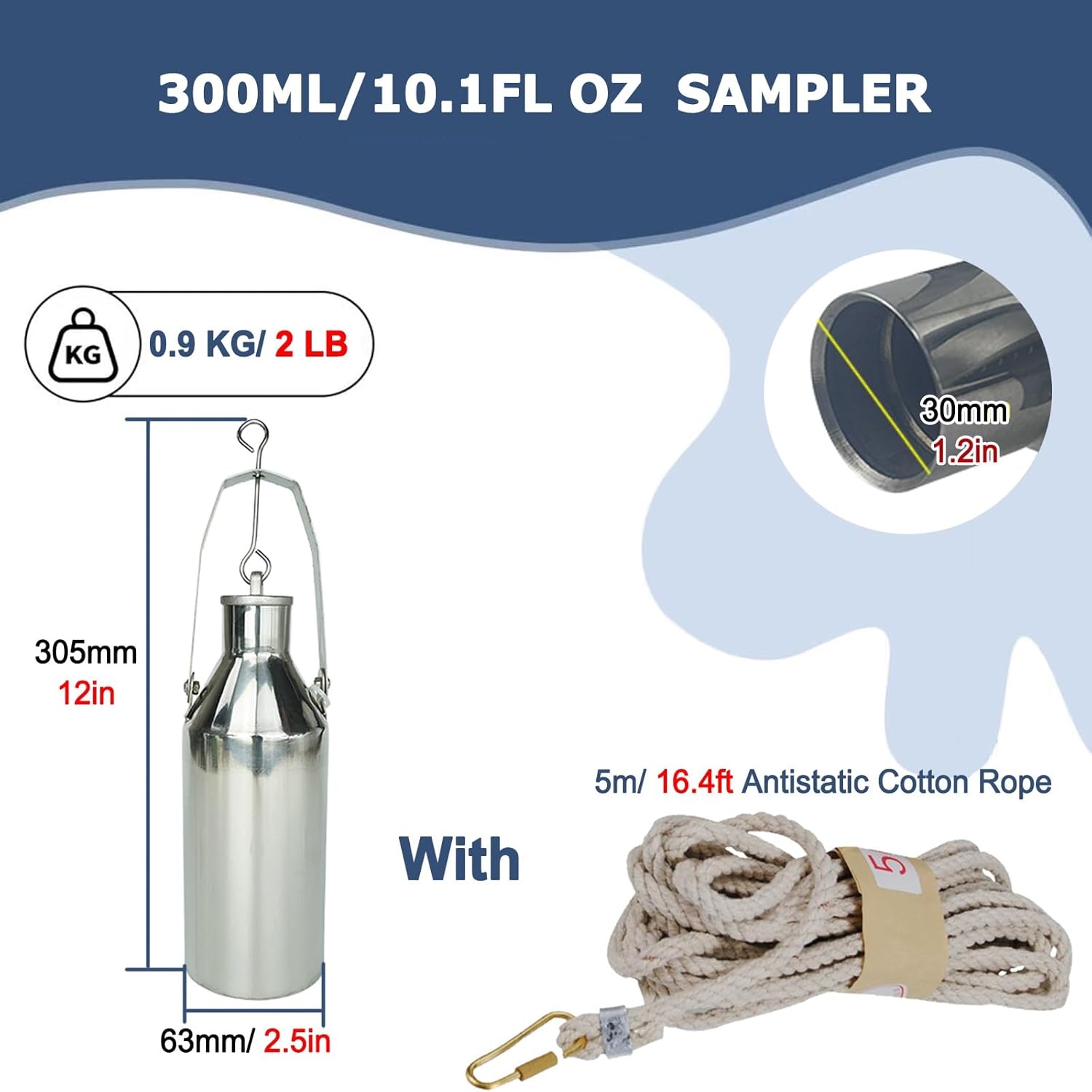 Oil Sample/Extractor Collection Tool, Stainless Steels Fuel Tank Bottom Sampler, 300 500 1000 Ml Oil Sampling Container with Rope, Portable Motor Oil Extraction Bottle Device(Small 300 mL/10.1 fl oz)