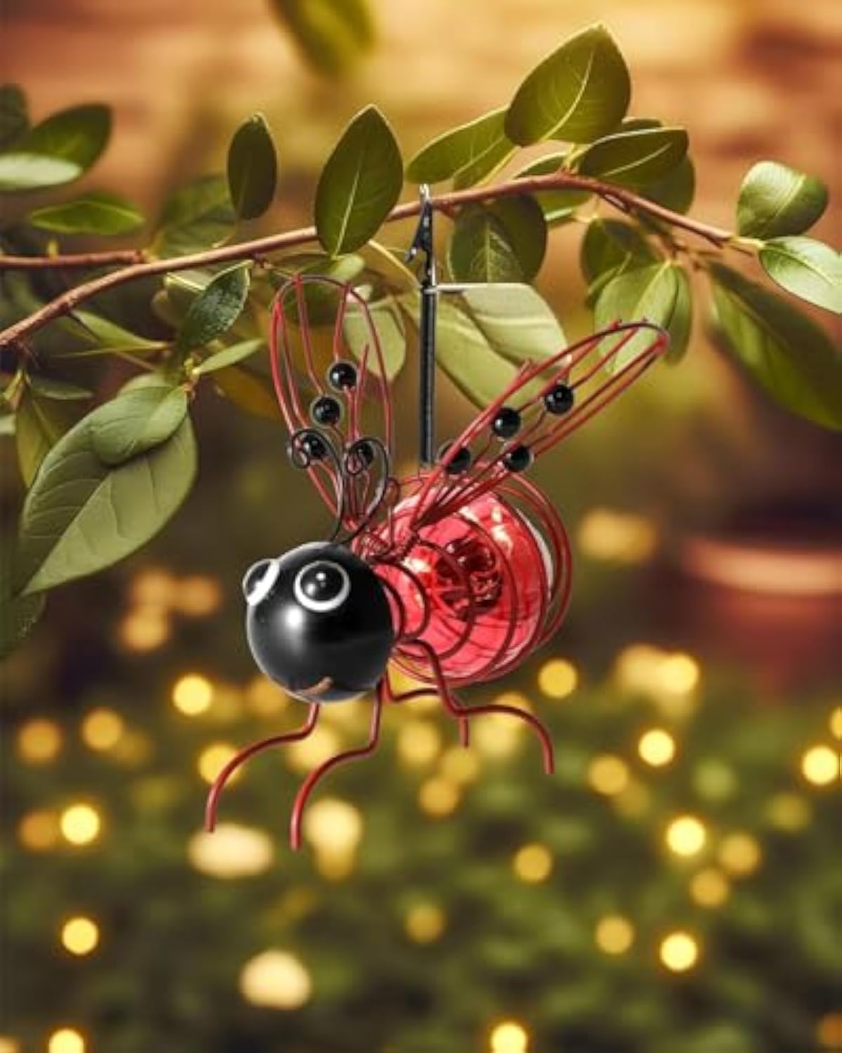 BomKra Bee Solar Lights Outdoor Garden Hanging Metal Bees Lanterns Novelty Bugs Ornament with Bouncy Springs, Solar Fairy Garden Lights for Decorations Balcony (Red-B)