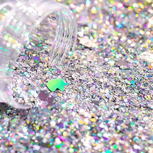 Silver Holographic Chunky Cosmetic Glitter Body Hair Face Eye Nail For Festival Carnival Concert Party Beauty Rave Accessories Different Sizes&Shapes ✮14G + Quick Dry Primer Glue Gel(5Ml) #TOP3