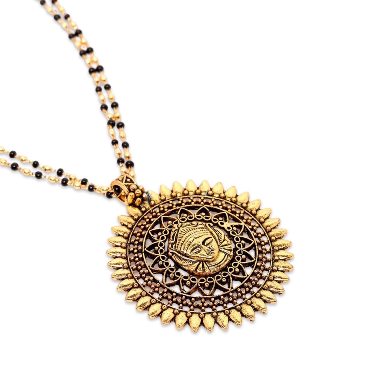 Gold Plated Long Mangalsutra Maa Durga Round Pendant 2 Line Gold & Black Beads Chain Stylish Necklace Fancy Tanmaniya Designs For Women (31 Inches)-image-39