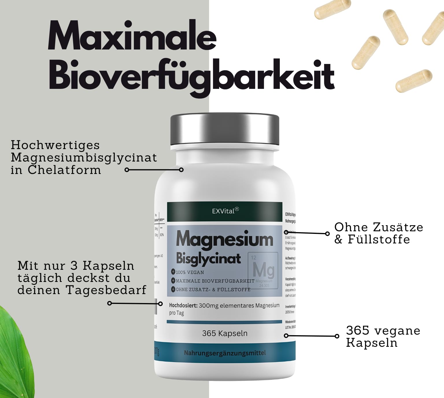 Magnesiumbisglycinat, 365 vegane Kapseln – 300 mg elementares Magnesium pro Tagesdosis, Magnesiumglycinat, hochdosiert & ohne Zusatzstoffe (Packung mit 2)